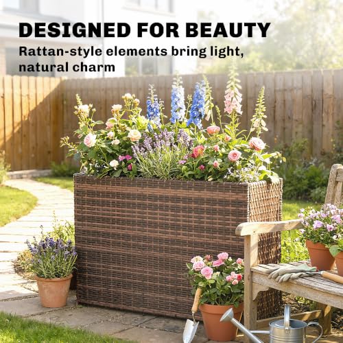 Outsunny Tall Rectangular Planter with Removable Liner PE Wicker Brown - color: Brown