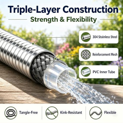 Metal Garden Hose 100 ft – 304 Stainless Steel Water Hose with Nozzle Sprayer, Garden Hoses Flexible, Lightweight, No Kink, Heavy Duty for Outdoor (100 ft) - size: 100 Feet