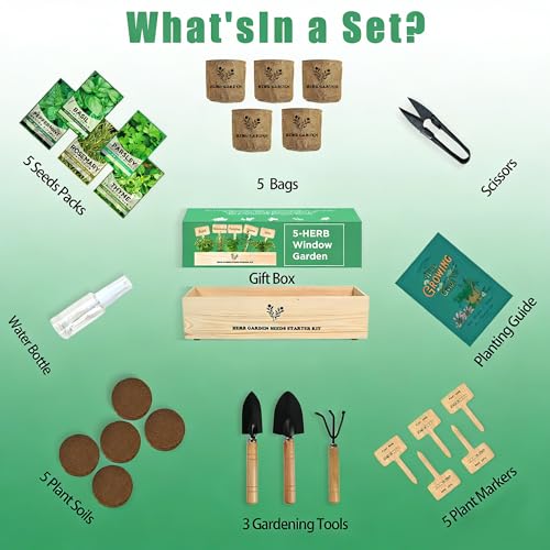 Indoor Herb Garden Starter Kit, 5 Seeds Growing into Basil, Parsley, Rosemary, Thyme, Mint, Including A Planter Box, Soil Discs & Planters with A Gift Box for Women