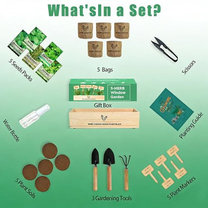 Indoor Herb Garden Starter Kit, 5 Seeds Growing into Basil, Parsley, Rosemary, Thyme, Mint, Including A Planter Box, Soil Discs & Planters with A Gift Box for Women