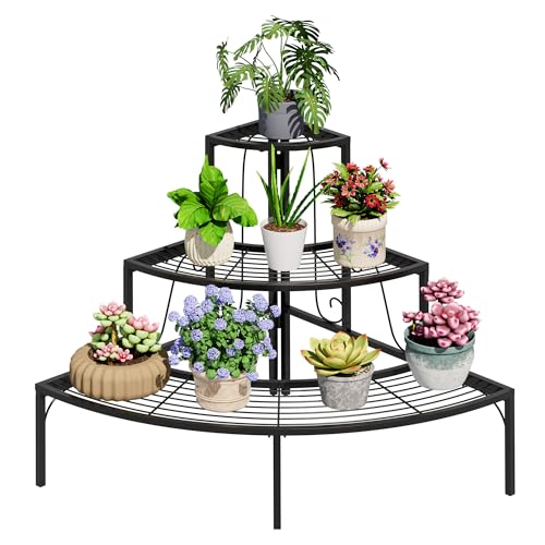 Plant Pot Stand Shelf, 3 Tier Flower Quarter Display Rack, Metal Succulent Plants Storage Holder for Outdoor and Indoor, Black