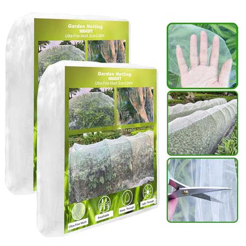 2 Pack 10X43FT Garden Netting for Raised Beds, Ultra Fine Insect Netting for Vegetable Flowers Fruits Greenhouse Crops, Garden Mesh Plant Cover Row Cover Barrier Protection Net for Birds - size: 10X43FT-2Pack