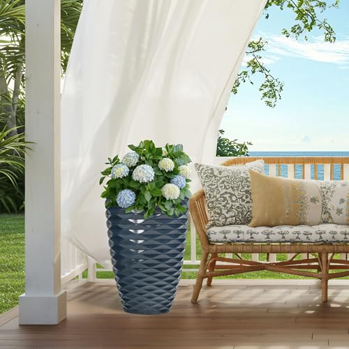 19" Resin Tall Outdoor Planters for Plants Set of 2, Costal Wavy Pot - color: 19"h-navy Blue Wavy