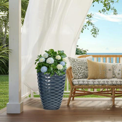 19" Resin Tall Outdoor Planters for Plants Set of 2, Costal Wavy Pot - color: 19"h-navy Blue Wavy