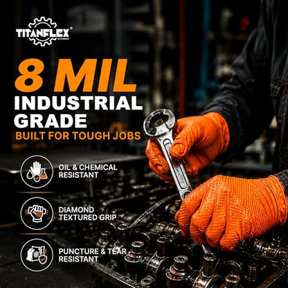 TitanFlex Heavy Duty Industrial Orange Nitrile Gloves, 8-mil, Gloves Disposable Latex Free with Raised Diamond Texture Grip, Powder Free, Rubber Glove, Mechanic Gloves,100-ct Box (XXL) - color: 02 8mil (100ct), size: XX-Large
