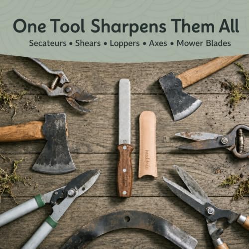 Muldale Garden Tool Sharpener - Dual Grit Titanium File with Leather Strop