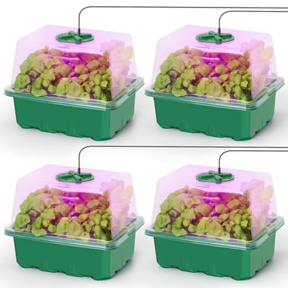 MIXC 4 Pack Seed Starter Kit with Grow Light, Vented Humidity Dome, Green - color: Green, size: 12 Cells With Light-4 Packs