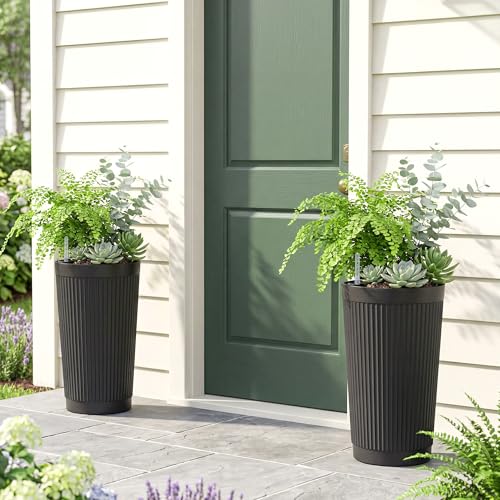 24" Self Watering Tall Black Planters Outdoor Set of 2 - color: Black Round