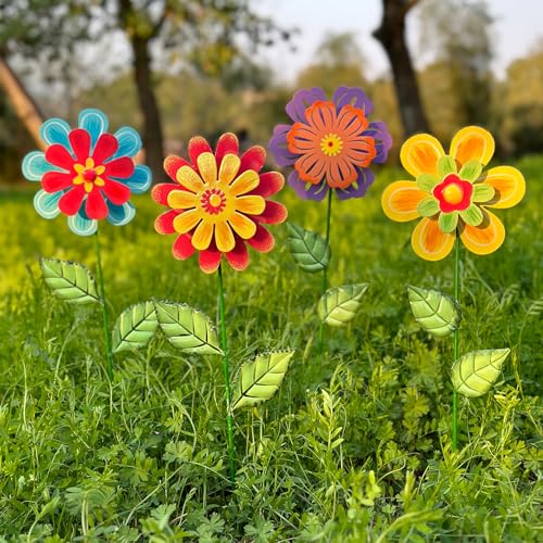 HUTHDAK Metal Flowers for Outside,4 Pack 16.33" Decorative Garden Stakes with Swaying Flowers Head Yard Art,Spring Garden Decor for Lawn, Pathway & Yard - color: 4 Cute Flowers（16.33inch）