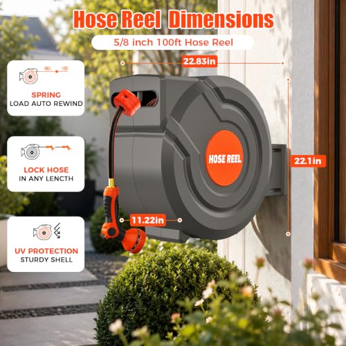 100FT Retractable Garden Hose Reel 5/8 Inch Heavy Duty Wall Mounted Retractable Hose Reel with 9-Pattern Nozzle, 180° Swivel Auto Rewind, Any Length Lock Water Hose Reel for Yard Garden Car Washing