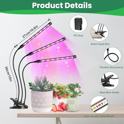Garpsen LED Grow Light, 2PCS 3 Heads Full Spectrum Plant Light with Clip - size: (2 Pack)3 Arms
