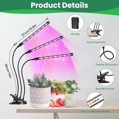 Garpsen LED Grow Light, 2PCS 3 Heads Full Spectrum Plant Light with Clip - size: (2 Pack)3 Arms