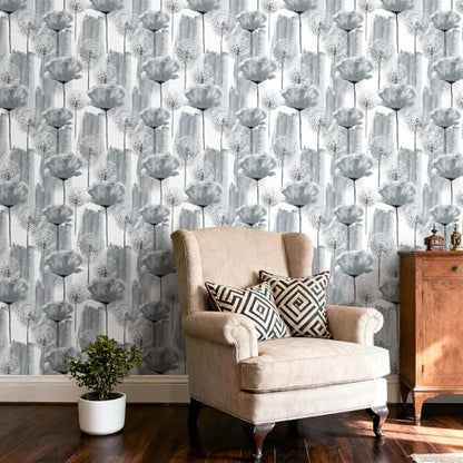 17.5in×317in Dandelion Wallpaper Peel and Stick Wallpaper Grey Self Adhesive Removable Wallpaper for Walls Cabinets Drawers Botanical Peel and Stick Wall Paper Grey and White Contact Paper - color: Grey wallpaper, size: 17.5" x 317"