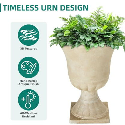22" Tall Urn Planters Set of 2 Large Flower Pots, Antique Ivory - color: 22"-antique Ivory