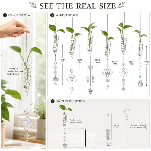 6Pcs Wall Hanging Glass Propagation Station with Crystal Planter Suncatcher - color: Silver-2