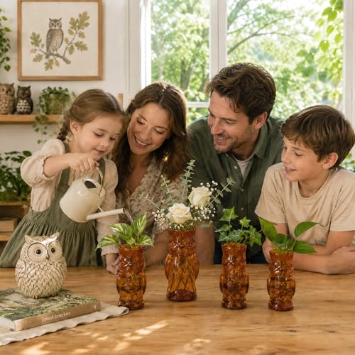 Nacome Owl Plant Propagation Station: Set of 4 Cute Brown Glass Vases - color: Brown