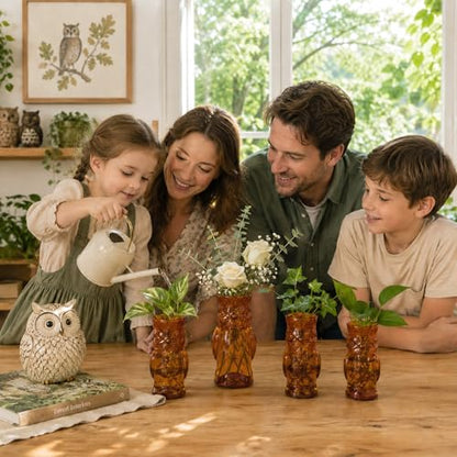 Nacome Owl Plant Propagation Station: Set of 4 Cute Brown Glass Vases - color: Brown