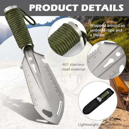 9‑in‑1 Mini Camping Shovel, Ultralight Backpacking Trowel Multitool - color: silver