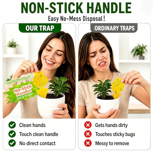 Yellow Sticky Fungus & Gnat Traps with Non-Stick Handle for House Indoors Plants 48 Pack – Double-Sided Adhesive