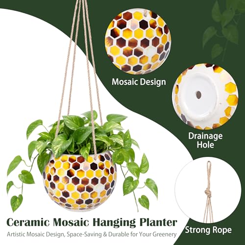 Ceramic Hanging Planter, Yellow Mosaic Bee Style Flower Plant Pot - color: Yellow