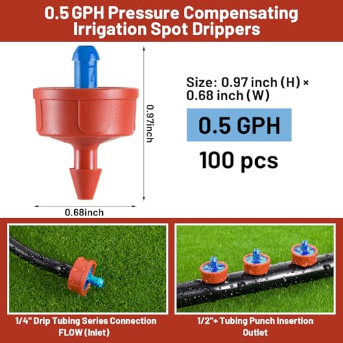 100pcs 0.5 GPH Pressure Compensating Drippers for Drip Irrigation - size: 0.5 GPH 100PCS