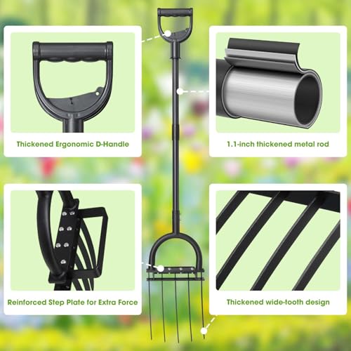 Broadfork Garden Tool, 55IN Pitch Fork for Gardening 5-Tine Heavy Duty Garden Fork with Ergonomic D-Grip Handle for Digging Loosening Soil Cultivating Weeding Composting - size: 55 IN Large