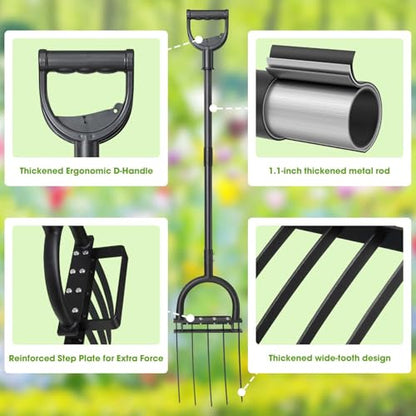 Broadfork Garden Tool, 55IN Pitch Fork for Gardening 5-Tine Heavy Duty Garden Fork with Ergonomic D-Grip Handle for Digging Loosening Soil Cultivating Weeding Composting - size: 55 IN Large
