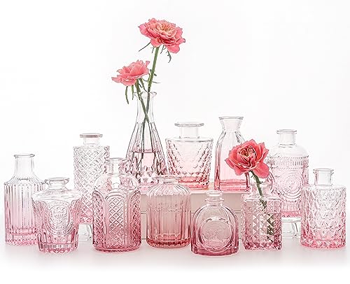 SUPMIND Glass Bud Vases Set, 12pcs Pink Small Flower Vases in Bulk - color: Pink, size: 12Pcs