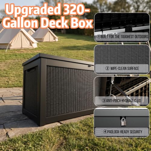 Vixzen 320 Gallon Deck Box, Lockable Waterproof Resin Storage Box，Black - color: Black, size: 320 Gallon