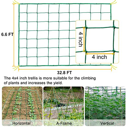 Garden Trellis Netting for Climbing Plants Outdoor, Plant Netting for Cucumber, Tomato, 6.6x32.8 FT Trellis Net with 4x4 Inch Mesh as Vegetable Netting for Grape, Bean,Growing Pea,w/Plant Clips - size: 6.6x32.8 FT