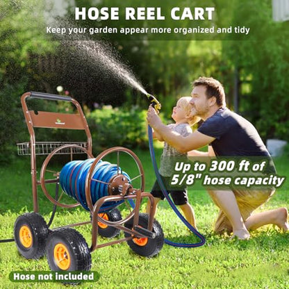 WERMAH Upgrade Hose Reel Cart, Garden Hose Cart 4 Wheels, Holds 300ft 5/8"