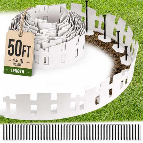 50FT Garden Edging Border, 4.5in White Picket Fence, 90 Flexible Stakes - size: 50FT-4.5inch-WAHIE