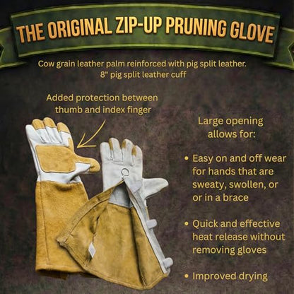 OGRE Zip-Up Rose Pruning Gloves, Long Leather Thorn Protection - size: Large