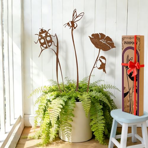3-Pack Rust-Finish Ladybug, Bee and Flower Garden Stakes - style: Ladybug & Bee Flower Set