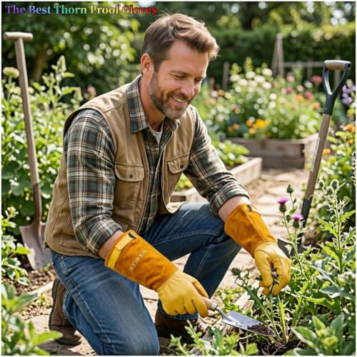 Cow Leather Adjustable Thorn Proof Gardening Gloves - color: Yellow, size: Medium