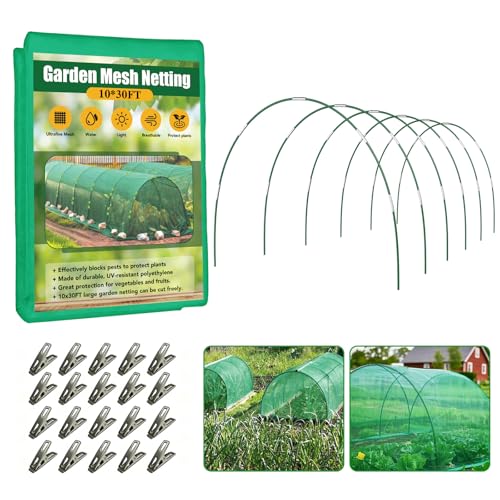 Garden Mesh Netting Kit for Raised Beds, 10x30FT Green Garden Netting ＆6 Sets Fiberglass Garden Hoops, Row Cover Garden Netting Pest Barrier Plant Protection for Vegetable Flowers Fruits