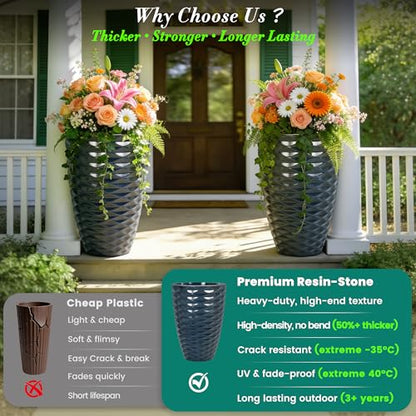 19" Resin Tall Outdoor Planters for Plants Set of 2, Costal Wavy Pot - color: 19"h-navy Blue Wavy