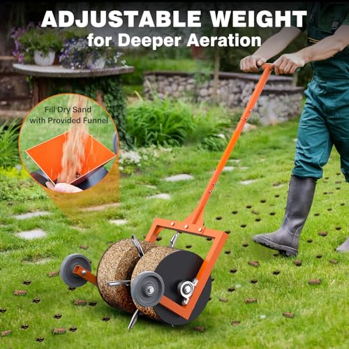 Rolling Lawn Aerator, Non-Clogging Hollow Tine Aerator for Compacted Soil