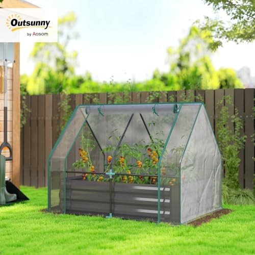 Outsunny 4 x 3ft Metal Planter Box with Mini Greenhouse Clear and Dark Gray - color: Clear and Dark Gray