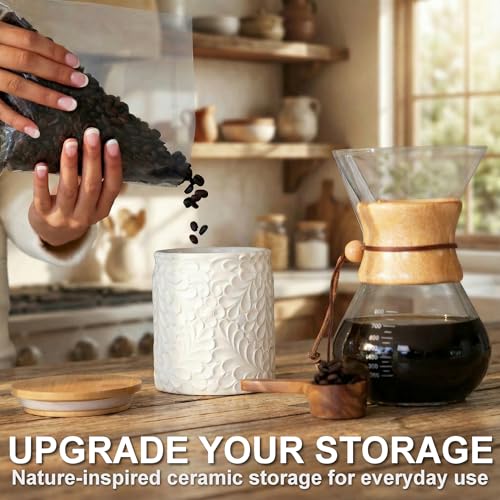 25DOL Small 30 Oz Engraved Ceramic Kitchen Canister, Airtight Bamboo Lid