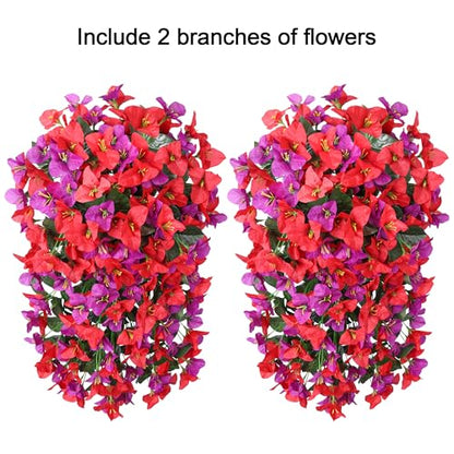 2 PCS Bougainvillea Artificial Hanging Flowers Plants for Outdoors, Mix - color: Purple + Red