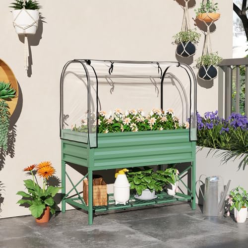 Outsunny Raised Garden Bed with Cover and Storage Shelf, Green