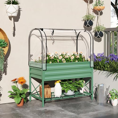 Outsunny Raised Garden Bed with Cover and Storage Shelf, Green