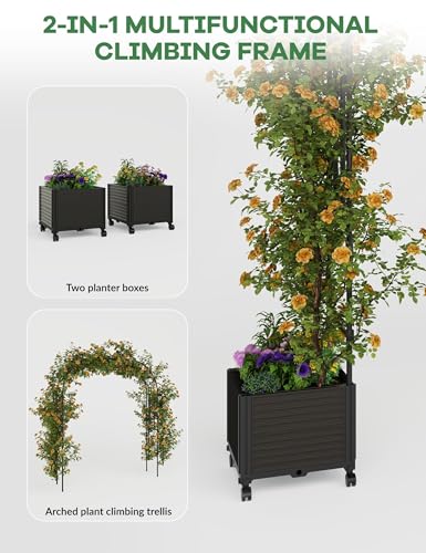 71" Rolling Garden Arch Trellis with Planter Box – Rustproof Metal Frame - size: Span 1.8
