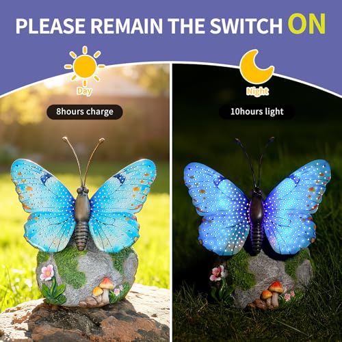 WSgift Solar Butterfly Garden Statue Weatherproof Outdoor Hand-Painted Decor Butterfly Resin Figurine Blue