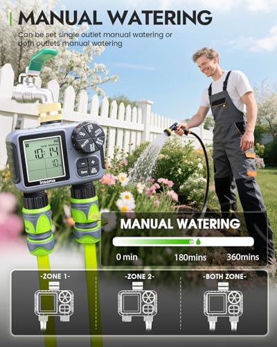 Insoma 2-Zone Sprinkler Timer with Brass Inlet, Water Hose Timer with Auto/Manual Modes + Rain Delay, Big LCD Display, for Garden, Yard Lawn, IPX5 Waterproof & Save Water - size: 2 Zone-V2.0