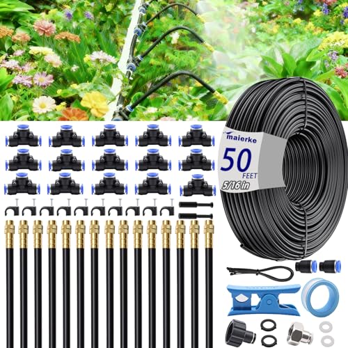 50FT 5/16 inch 360° Adjustable Drip Irrigation Kits Automatic Garden Watering Misting Atomizing System with 16pcs Bendable Nozzles for Yard, Lawn, Plant, Greenhouse, Garden(5/16 inch Hose)