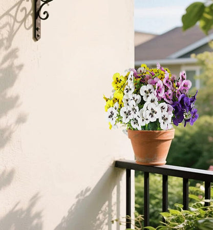Artificial Fake Pansy Flowers for Outdoor, UV Resistant Faux Silk Pansies Spring Flowers, for Planter Front Door Porch Yard Patio Window Box Home Decor 12 Bundles (Yellow Purple White Pink)
