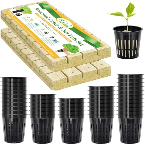 Halatool 72PCS 1.2" Rockwool Cubes & 56PCS 2" Net Cups for Hydroponics - size: 1.2" rockwool-72pcs+2" net cups-56pcs