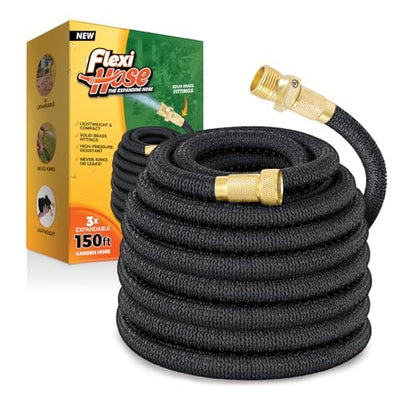 Flexi Hose Lightweight Expandable Garden Hose, 150FT -Retractable Garden Hose, Water Hose - No-Kink Flexibility, 3/4 Inch Solid Brass Fittings and Double Latex Core - size: 150 ft